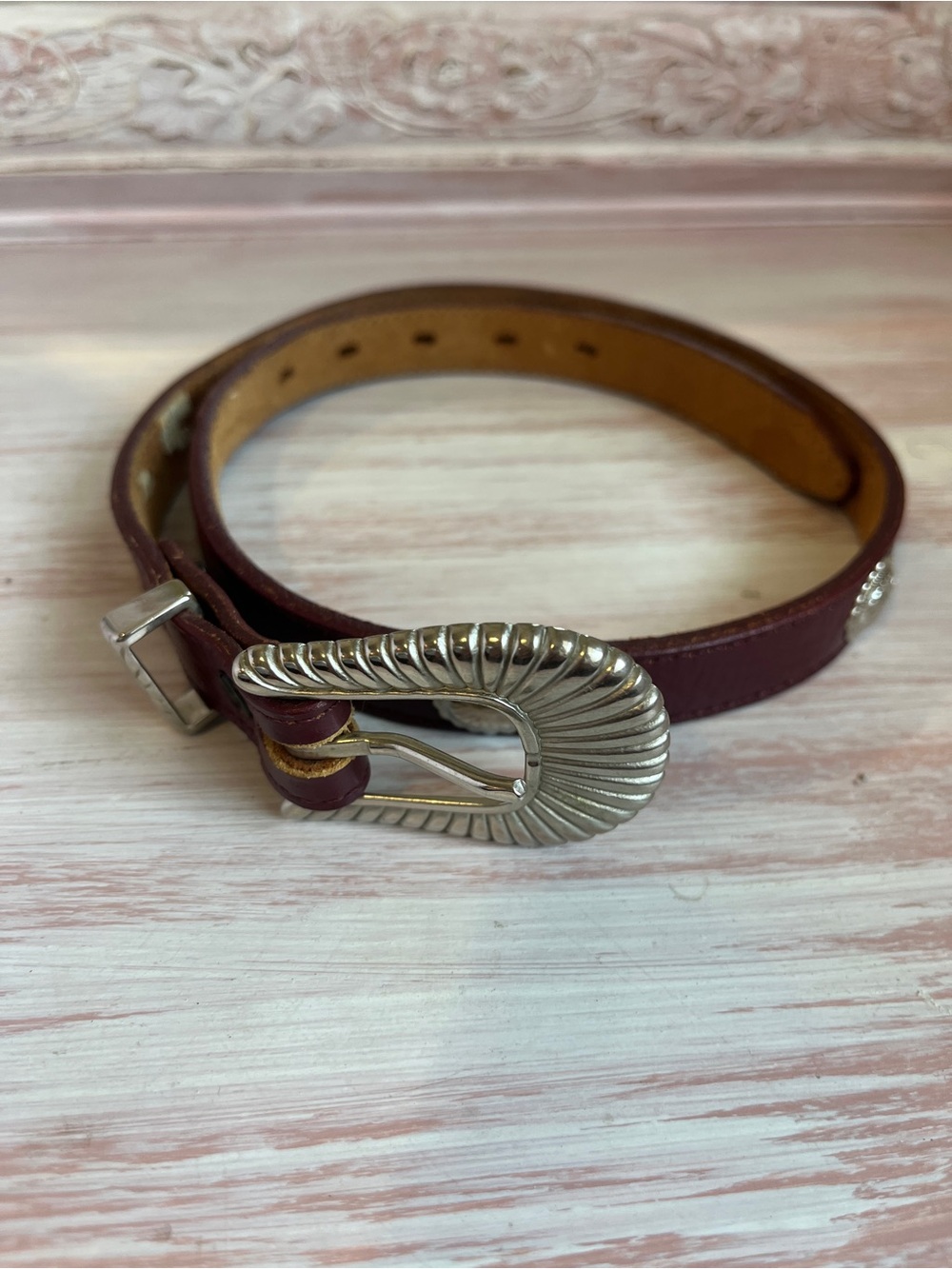 Nocona Deep Burgundy Leather Belt with Decorative Silver Buckle